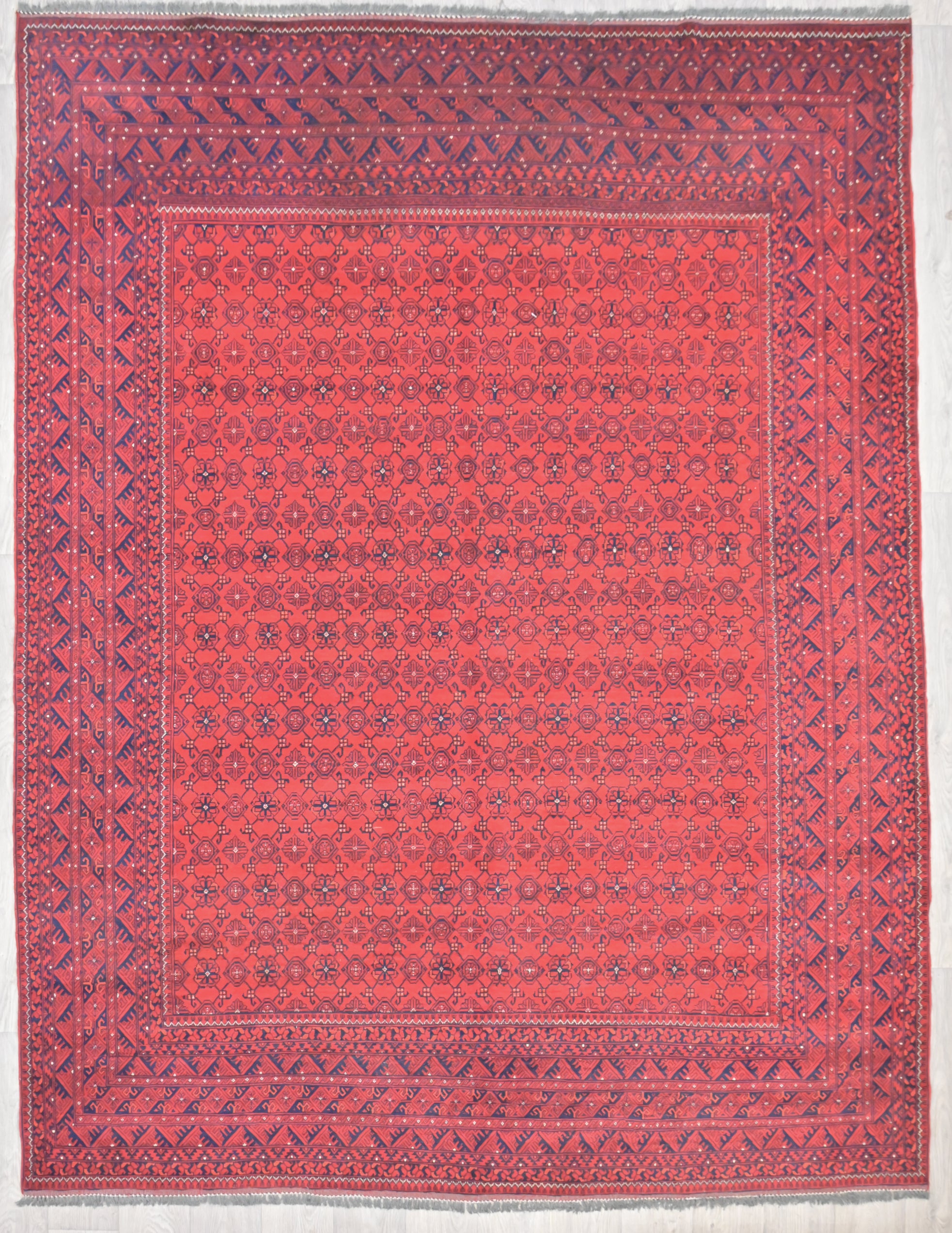 Handwoven Afghan Kunduzi rug w/Symmetrical Deep Red Design All-over 