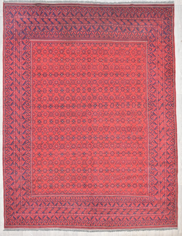 Handwoven Afghan Kunduzi rug w/Symmetrical Deep Red Design All-over 