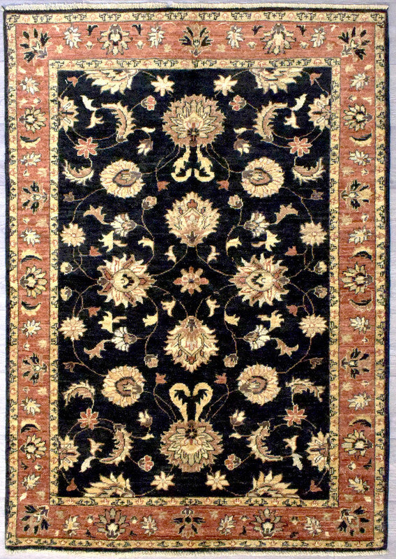 Just elegant fine line botanical design rug in Indigo Cream and rust Veg Dye Chobi Rug (125w x 173h)