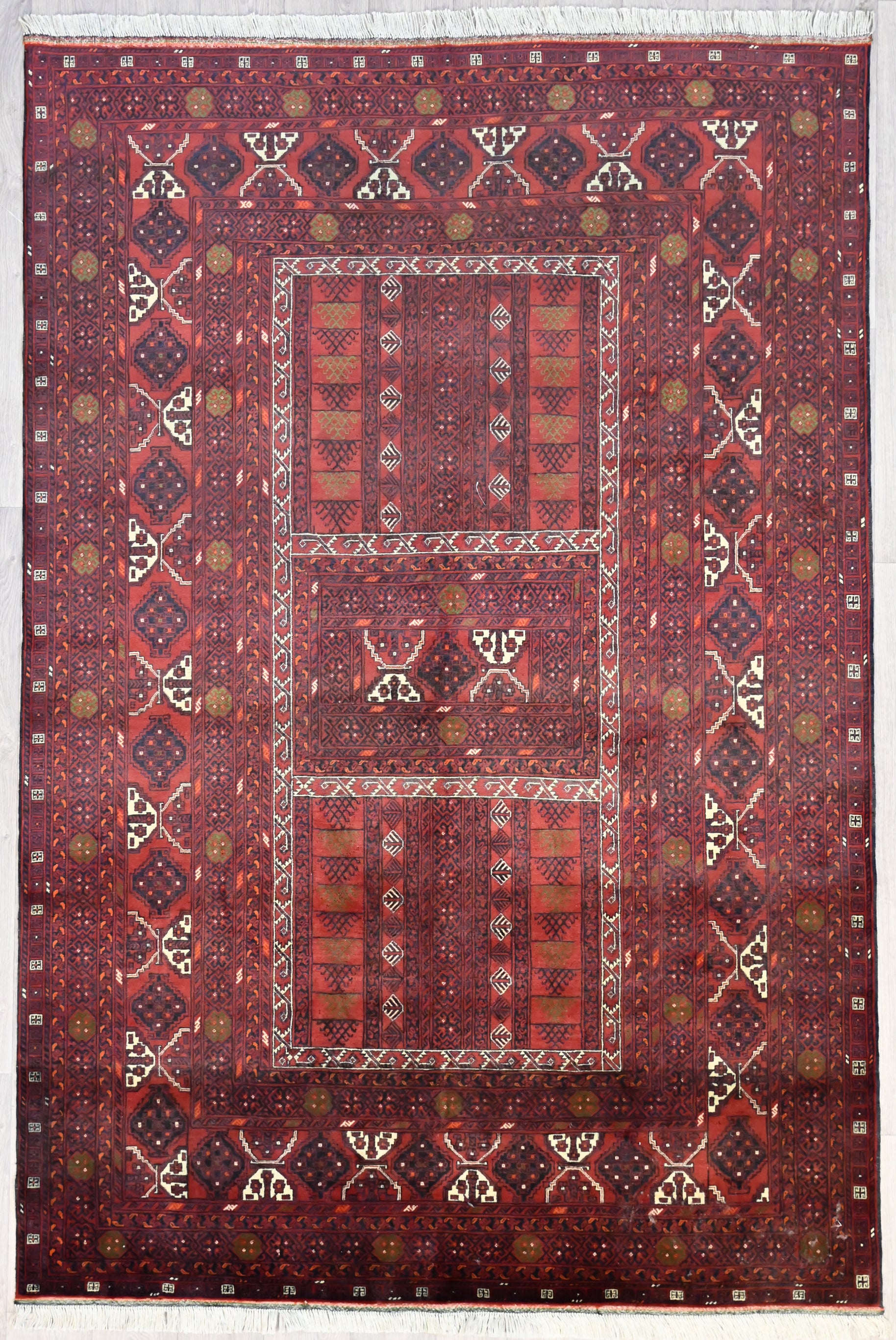 c.1980's Mazari Design Afghan Handwoven Rug (300h x 200w) Guaranteed Original c.1980's Mazari Design Afghan Handwoven Rug
Durable, Lightweight and Wear Resistant Suitable for Low &amp; High Traffic Areas
All Colors in This Piece Originate from Natural Vegetable Dyes